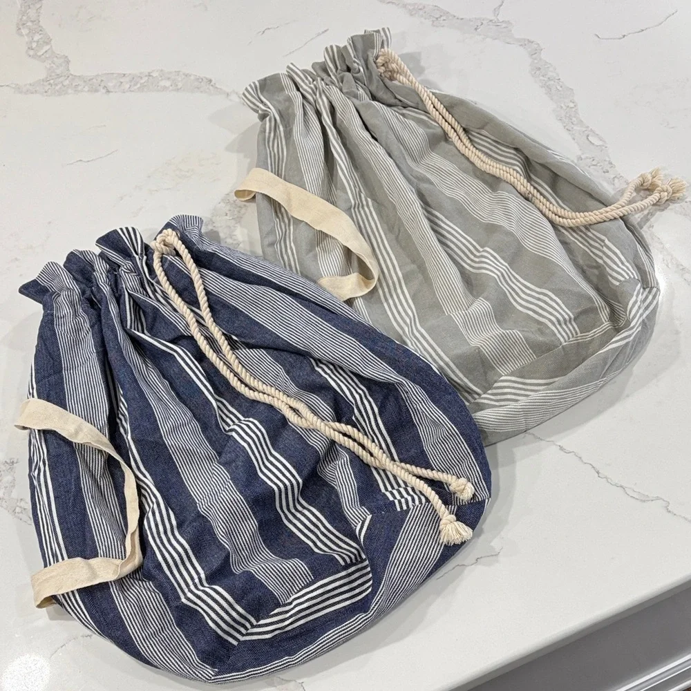 Set of 2 Striped Cotton Canvas Large Laundry Bags - Navy Blue, Grey, White